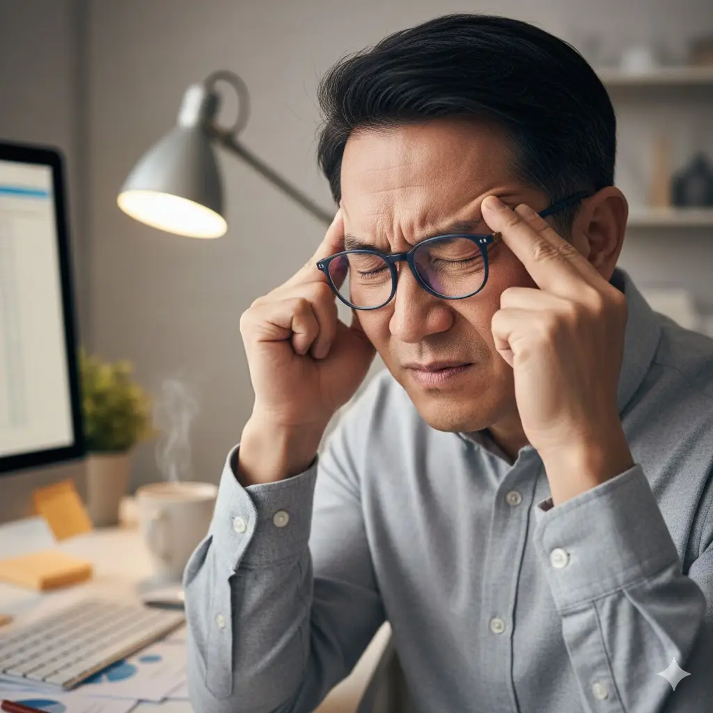 눈앞이 흐릿해서 미간을 찌푸리며 눈을 비비는 50대 중년 남성 이미지