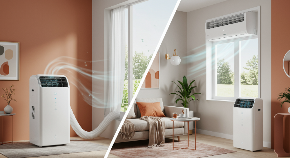 2025년형 이동식 에어컨과 창문형 에어컨을 비교하는 이미지. 이동식 에어컨은 호스를 창문으로 연결하여 바닥에 놓여 있고, 창문형 에어컨은 창틀에 깔끔하게 설치되어 있다. 두 제품 모두 시원한 바람이 나오는 것을 묘사하며, 현대적인 실내 디자인과 조화를 이룬다.