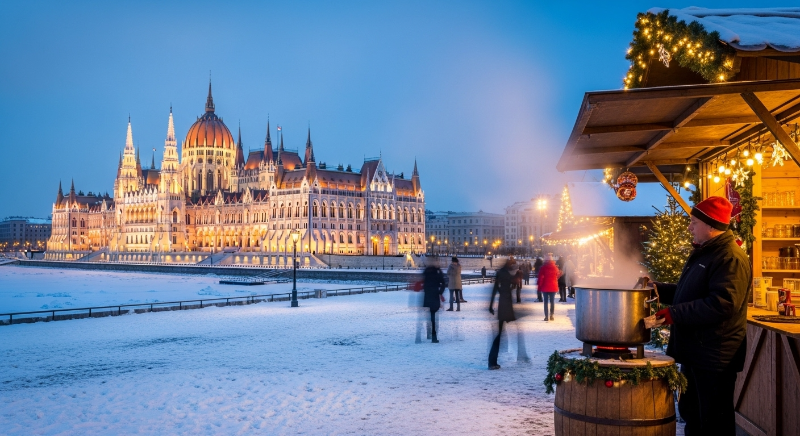 황금빛 조명으로 빛나는 헝가리 부다페스트 국회의사당의 겨울 야경과 눈 내리는 크리스마스 마켓 풍경