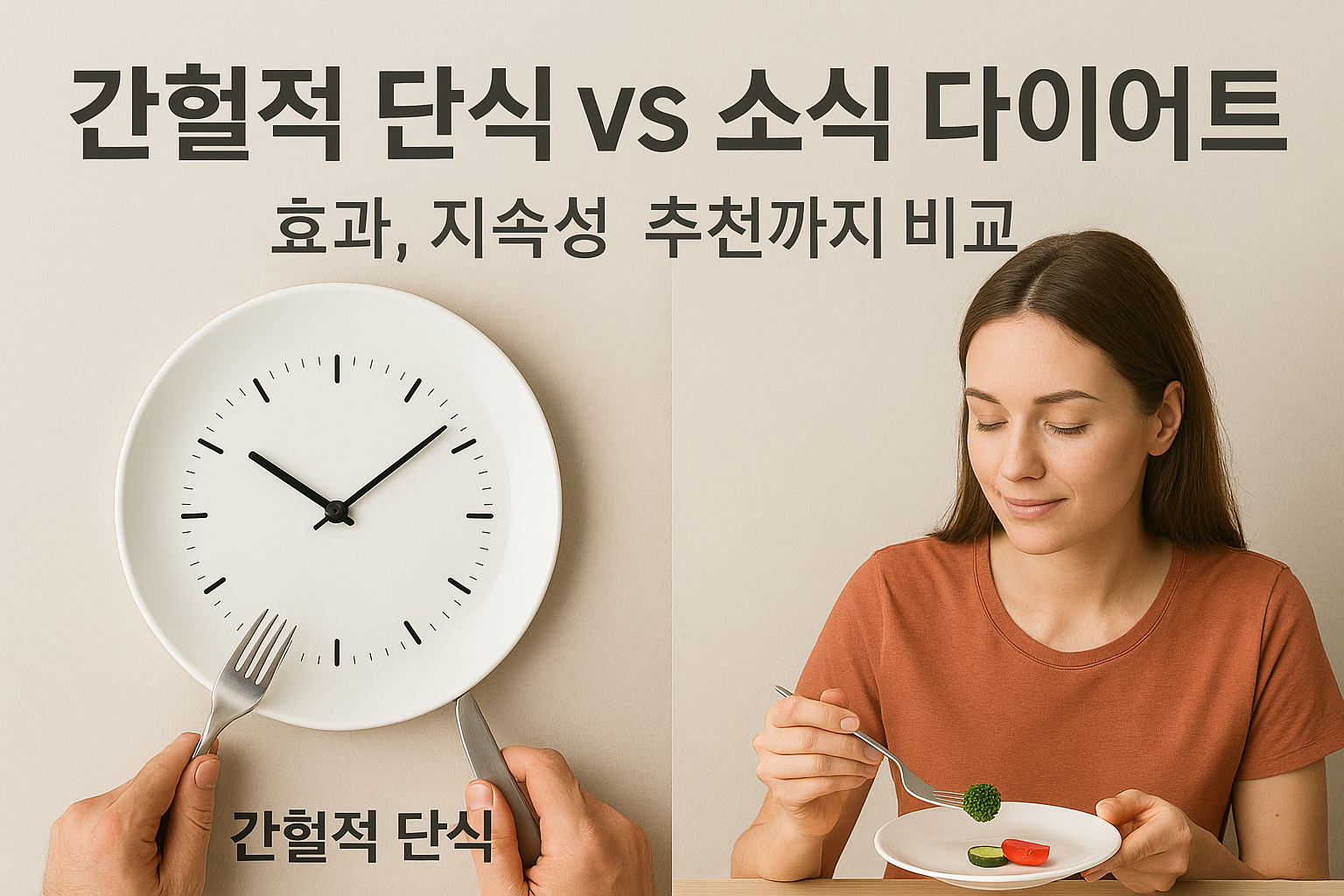 “간헐적 단식 vs 소식 다이어트 비교 썸네일 이미지. 왼쪽에는 시계 모양 접시 위에 포크와 나이프를 든 남성 손이 간헐적 단식을 상징하고, 오른쪽에는 적은 양의 채소를 접시에 담아 먹고 있는 여성이 소식 다이어트를 나타냄. 상단에는 ‘간헐적 단식 vs 소식 다이어트 – 효과, 지속성, 추천까지 비교’라는 문구가 적혀 있음.”