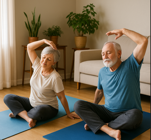 편안한 복장으로 거실에서 스트레칭을 하는 노부부