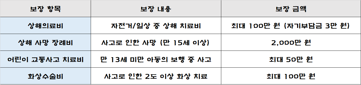 시민안전보험 보장 범위를 정리한 표