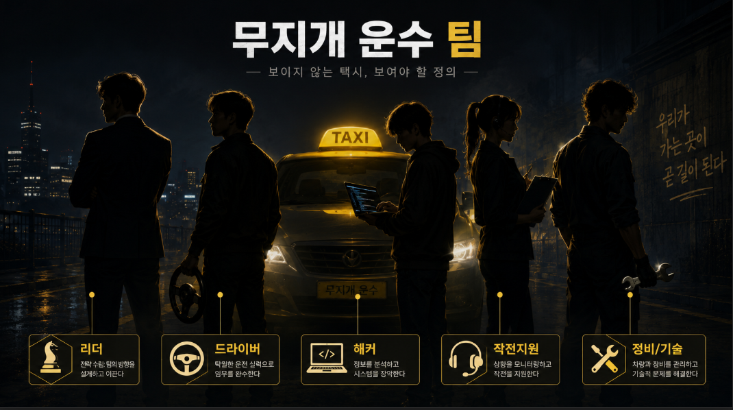 모범택시 시즌3 무지개 운수 팀의 등장인물 관계를 상징하는 이미지
