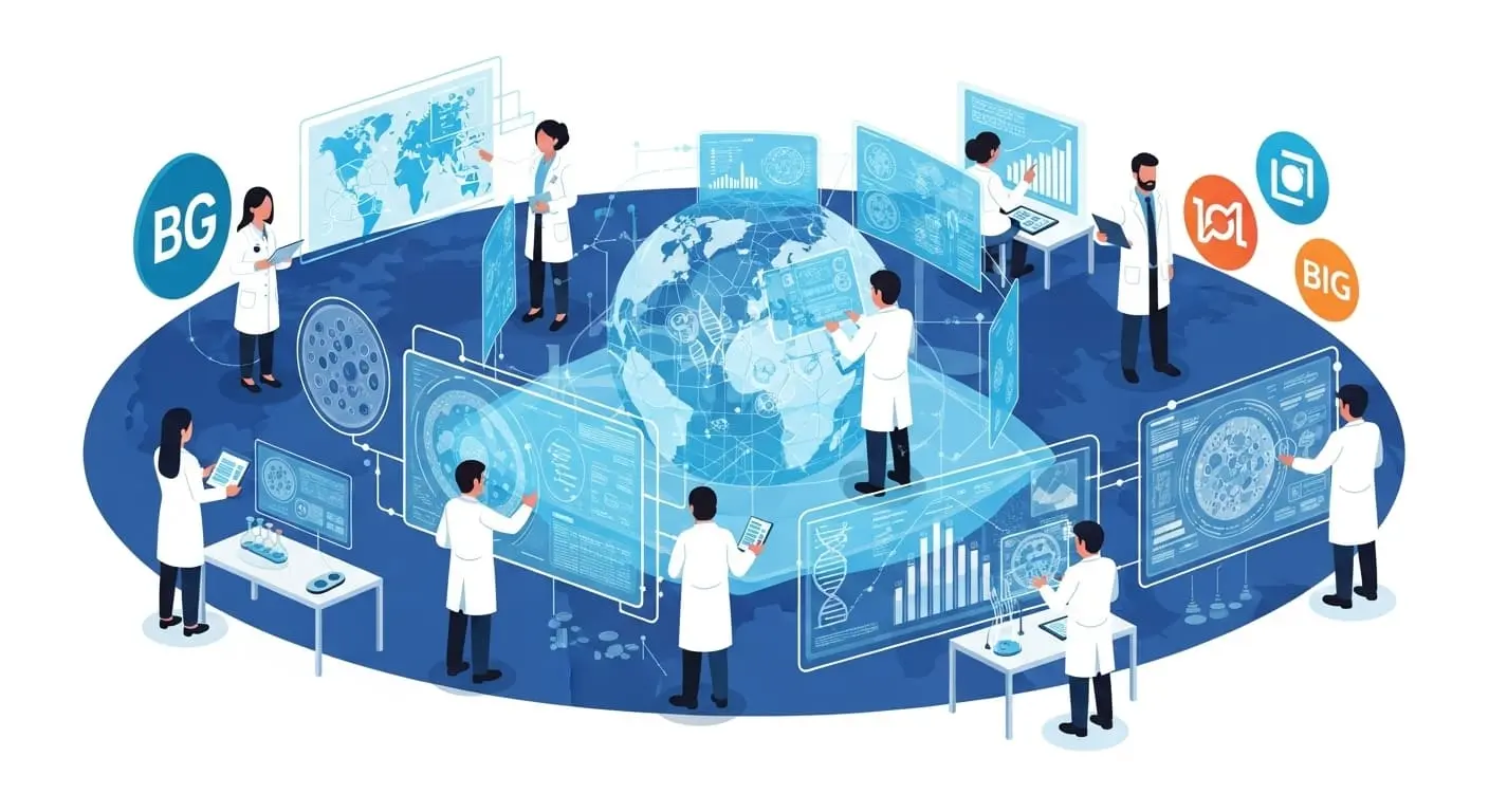 전 세계 과학자들이 함께 노화 역전 기술을 연구하는 미래 지향적인 협업의 모습. 유전자 연구와 최첨단 기술이 융합된 과학 연구소를 시각화한다.