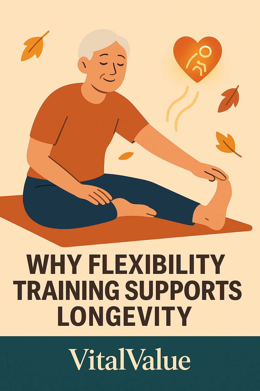 “Flat autumn-style illustration of an older adult stretching on a yoga mat with a glowing flexibility and heart icon, symbolizing why flexibility training supports longevity.”