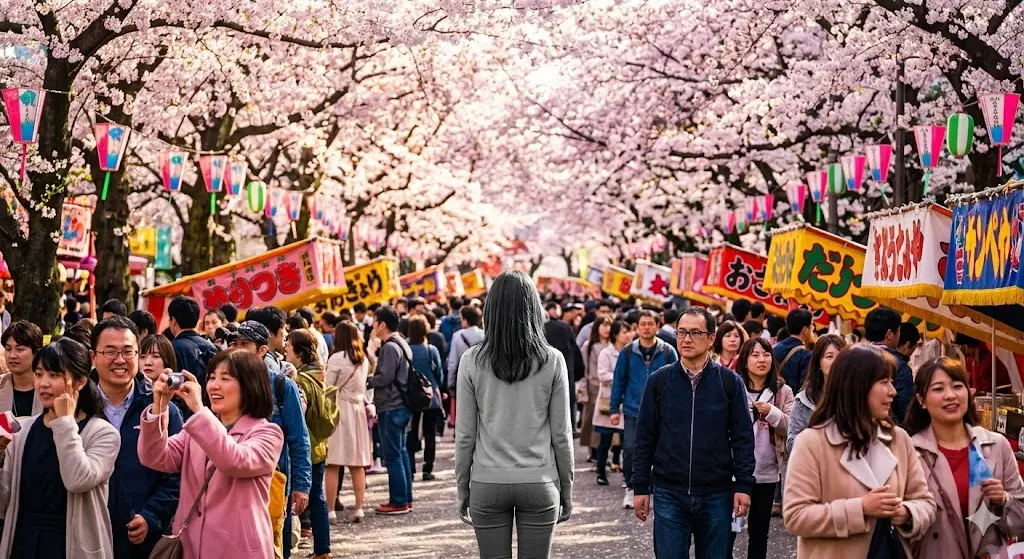 봄꽃에는 향기가 없다 의미를 시각적으로 담아내어 인파로 북적이는 화려한 벚꽃 축제장 한가운데서 홀로 흑백으로 멈춰 서 있는 주인공 여성의 뒷모습