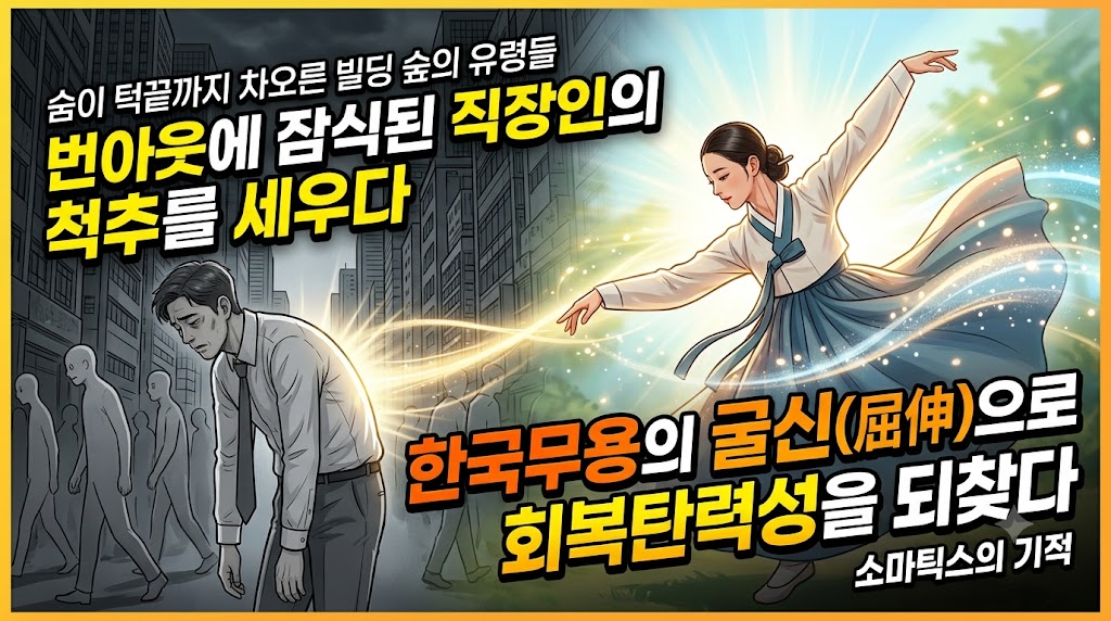 숨이 턱끝까지 차오른 빌딩 숲의 유령들: 번아웃에 잠식된 직장인의 척추를 세우고 한국무용의 굴신(屈伸)으로 회복탄력성을 되찾는 소마틱스의 기적