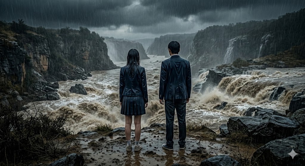 Back view of a teenage boy and girl staring blankly at the swollen currents in a grey valley during heavy rain.