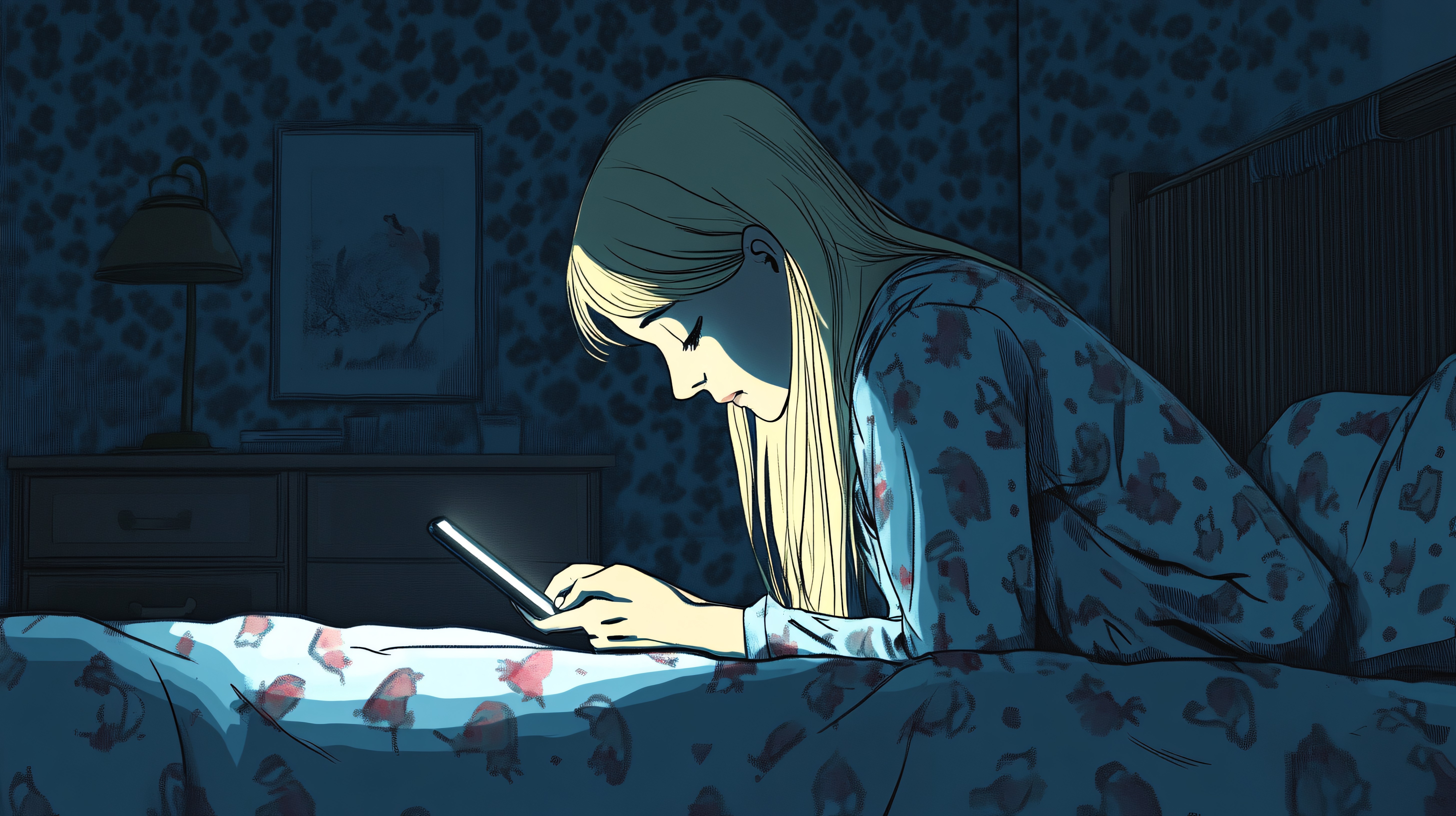 밤에 침대에서 스마트폰을 보며 잠들지 못하는 여성, 불면증과 야간 각성 상태를 표현한 이미지