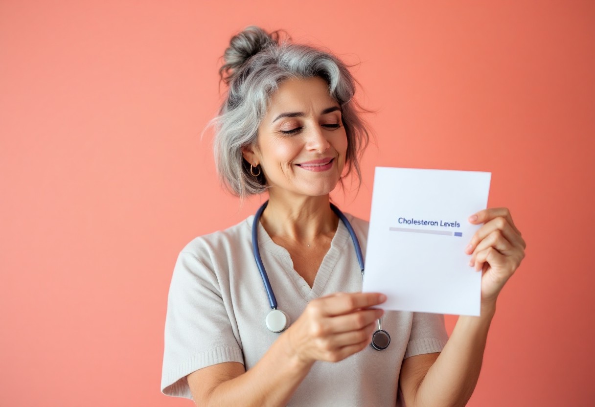 갱년기 여성이 콜레스테롤 수치 결과를 확인하는 모습, 갱년기 혈관 건강 관리