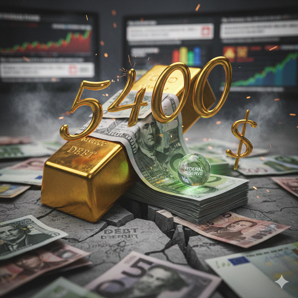실시간 주가 차트 모니터들이 보이는 책상 위, 갈라진 콘크리트 바닥에 놓인 골드바와 달러 뭉치. 골드바 옆에는 입체적인 황금색 숫자 '5400'과 달러 기호($)가 공중에 떠 있습니다. 달러 뭉치 위에는 'FEDERAL RESERVE'라고 적힌 투명한 유리 구슬이 놓여 있으며, 바닥의 갈라진 틈 사이에는 'DEBT'라는 단어가 보입니다.
