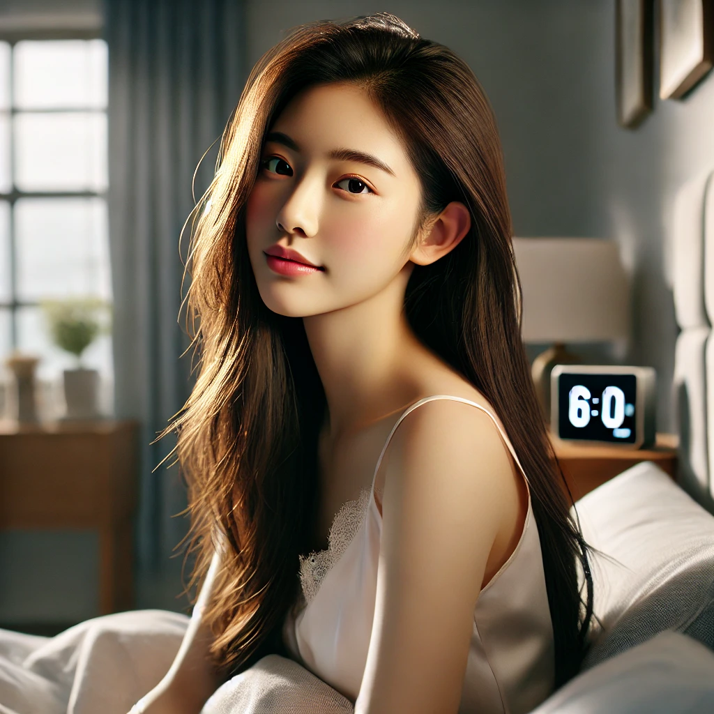 아침 루틴 만들기 아침 6시에 일어나는 긴 생머리 여성