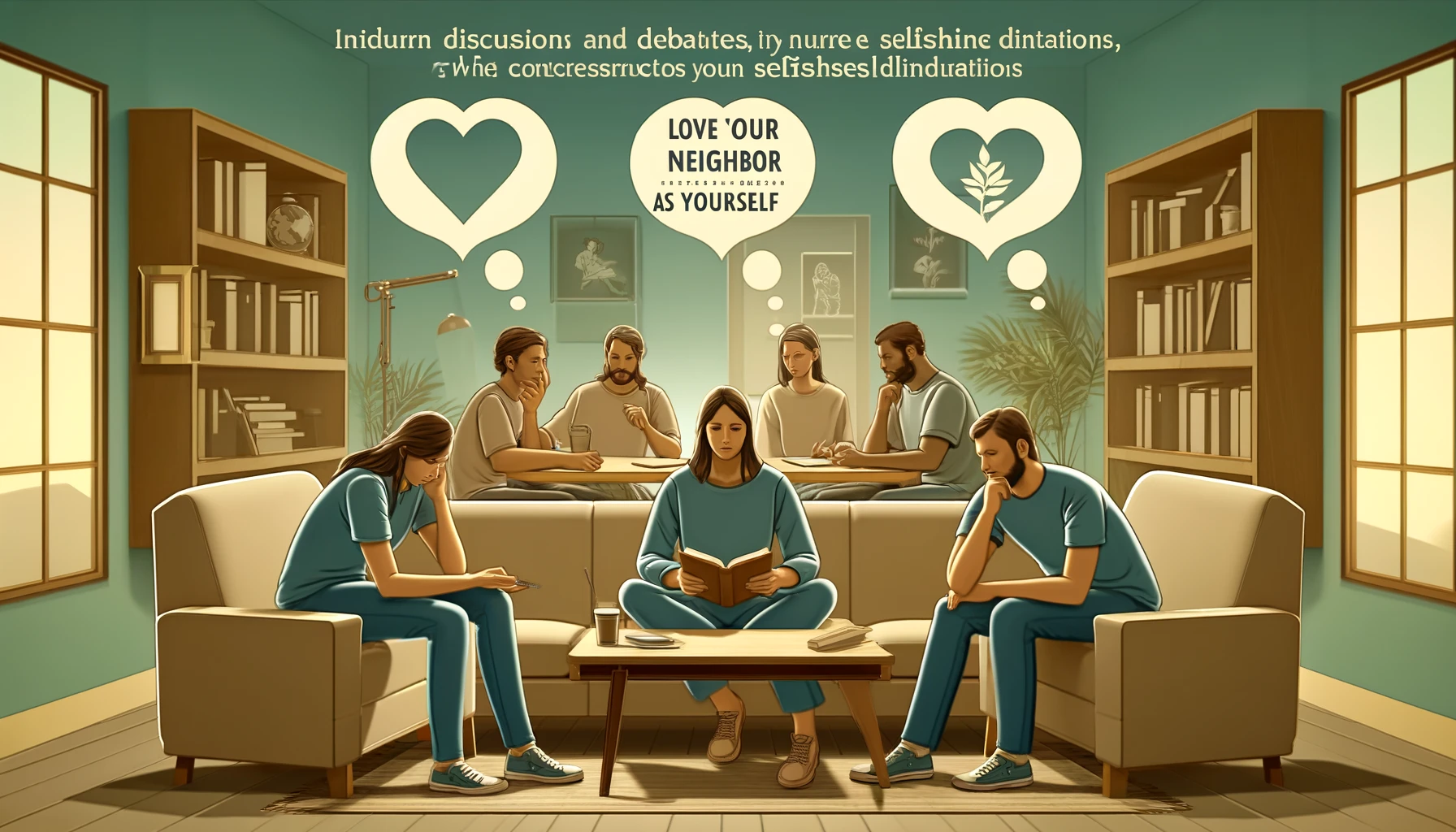 Here is the image showing individuals engaged in discussions and debates, with a focus on suppressing selfish inclinations and embracing love and respect for one another. The scene depicts the phrase "Love your neighbor as yourself" being repeated, highlighting the commitment to this principle in a warm and inviting setting.