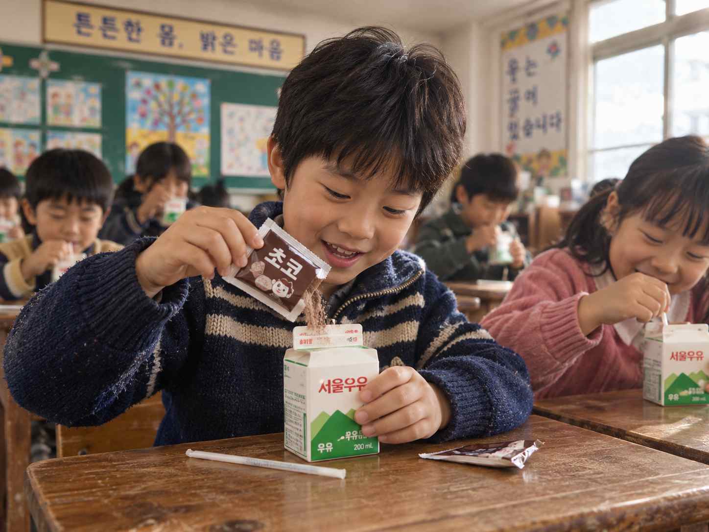 열린 우유팩에 작은 봉지의 초코 가루를 천천히 붓는 학생의 손