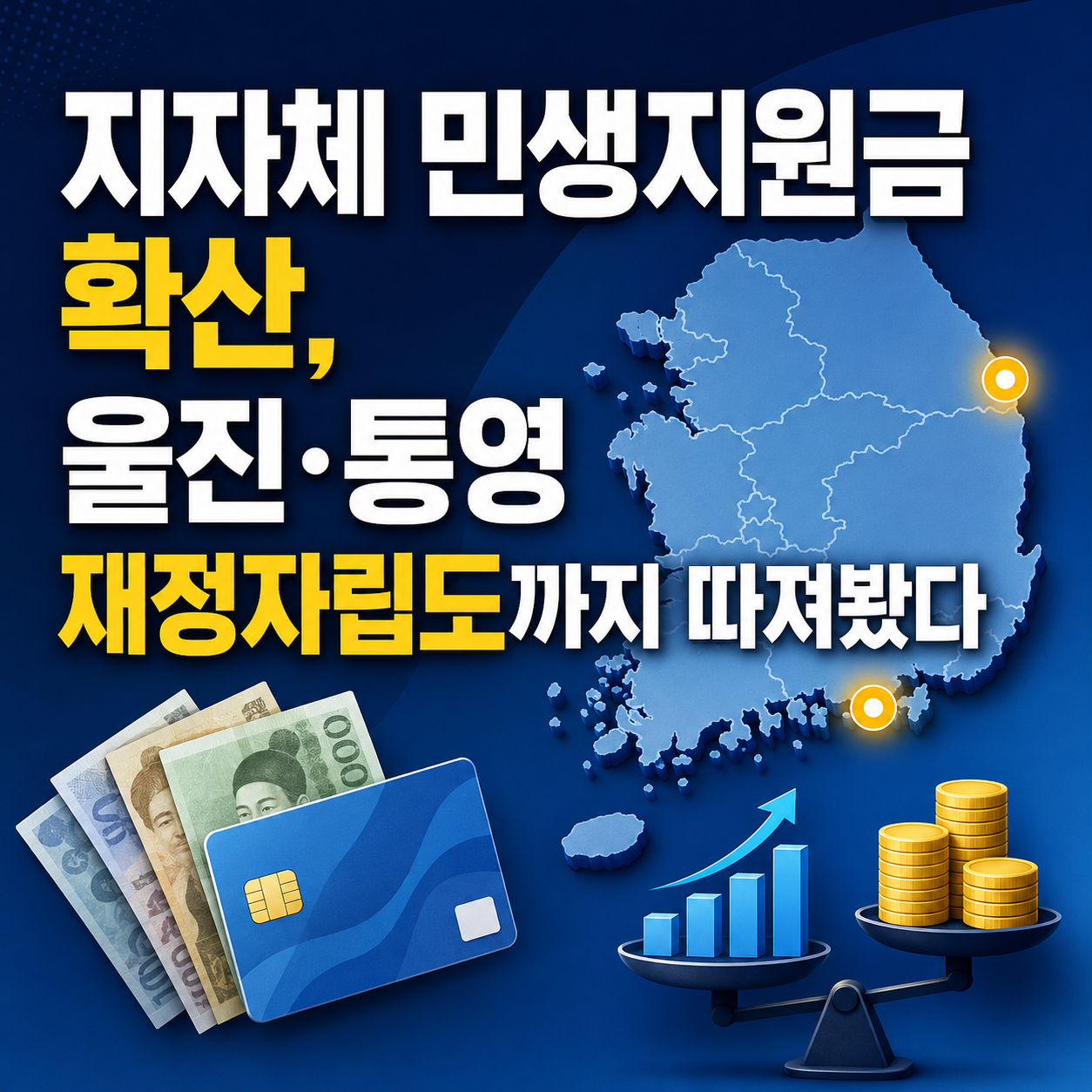 울진·통영 민생지원금 확산과 재정자립도를 한국 지도와 현금·재정 그래픽으로 표현한 썸네일 이미지.