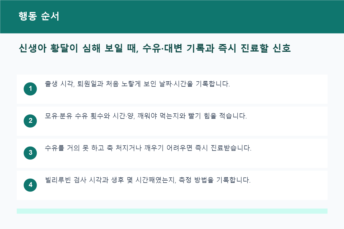 신생아 황달이 심해 보일 때, 수유·대변 기록과 즉시 진료할 신호 행동 순서 정보 이미지