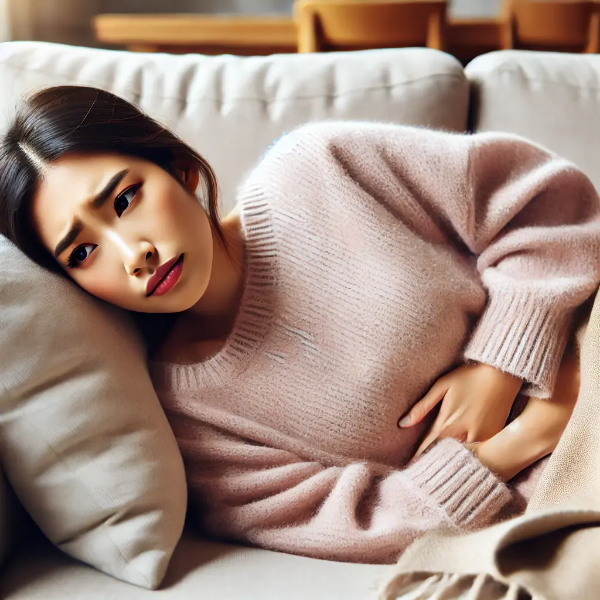 소파에 누워 복부를 감싸며 피로한 표정을 짓는 동양인 젊은 여성의 초고해상도 사진