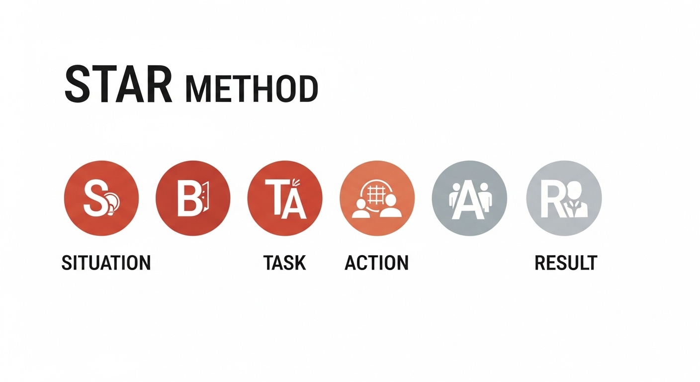 STAR 기법을 시각적으로 설명하는 깔끔한 인포그래픽. 각 단계(상황, 과제, 행동, 결과)가 아이콘과 함께 명확히 표시되어 있다.