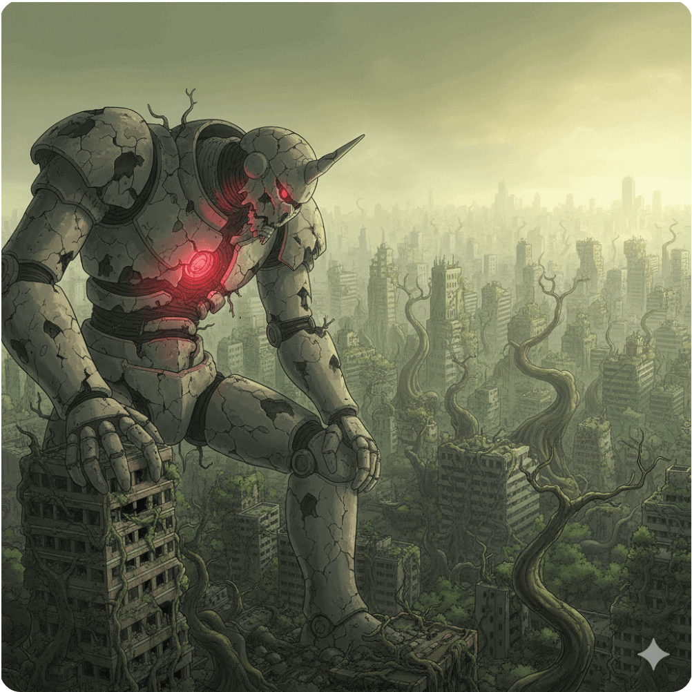 alt="폐허 속에 부서진 거신병의 실루엣과 그 발밑에서 돋아나는 작은 새싹을 강조한 장면. 기술 문명의 몰락과 새로운 희망을 상징하는 이미지.&rdquo;