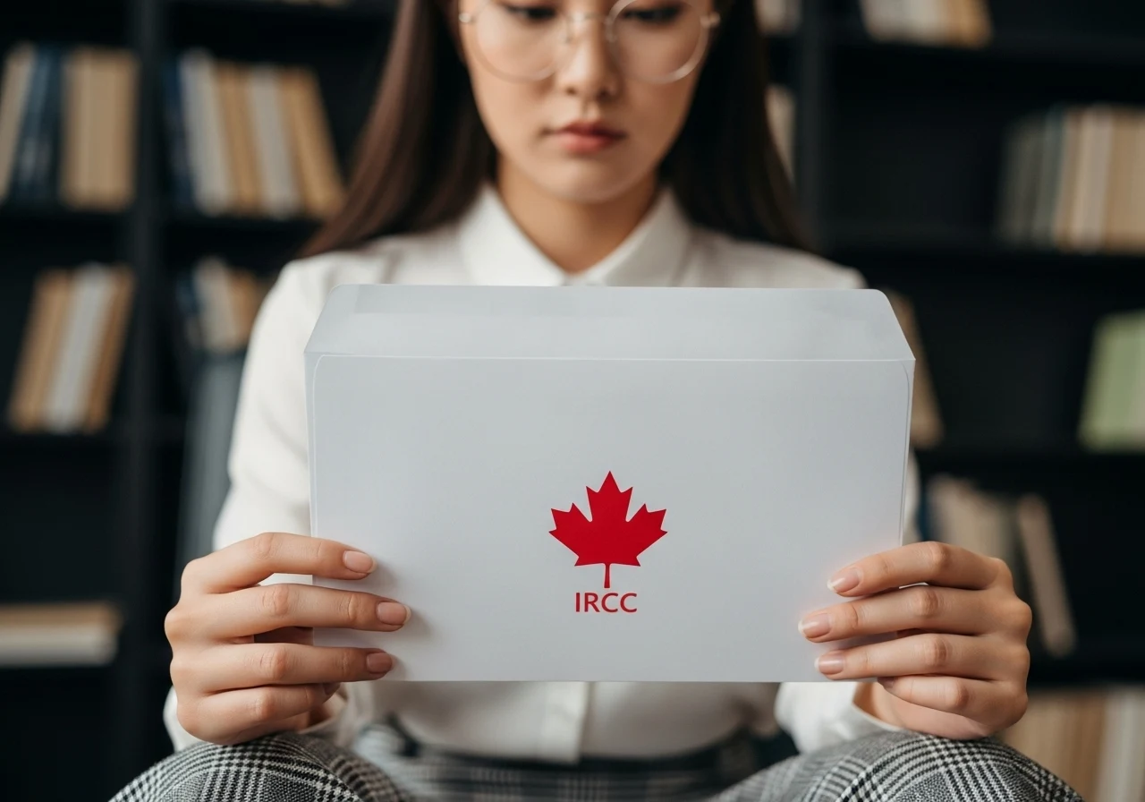 젊은 한국인 여성이 우편으로 새로 도착한 캐나다 PR 카드를 들고 만족스럽게 미소 짓고 있다