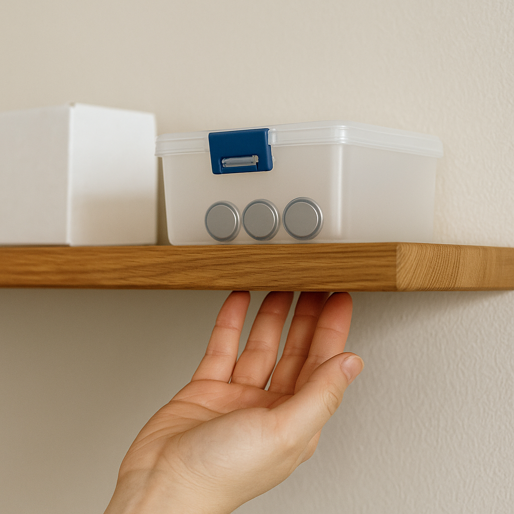 높은 선반의 잠금용 보관함에 버튼 배터리를 보관하는 장면