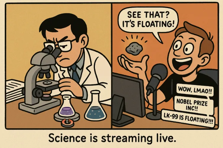 과학자가 현미경으로 진지하게 실험하는 장면과, 옆에서는 유튜버가 LK-99 시료가 떠올랐다며 흥분하며 방송하는 풍자 일러스트.