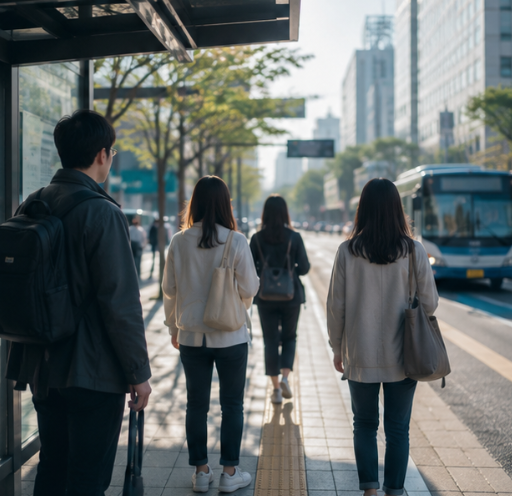 대중교통비 절약을 위해 버스를 기다리는 사람들