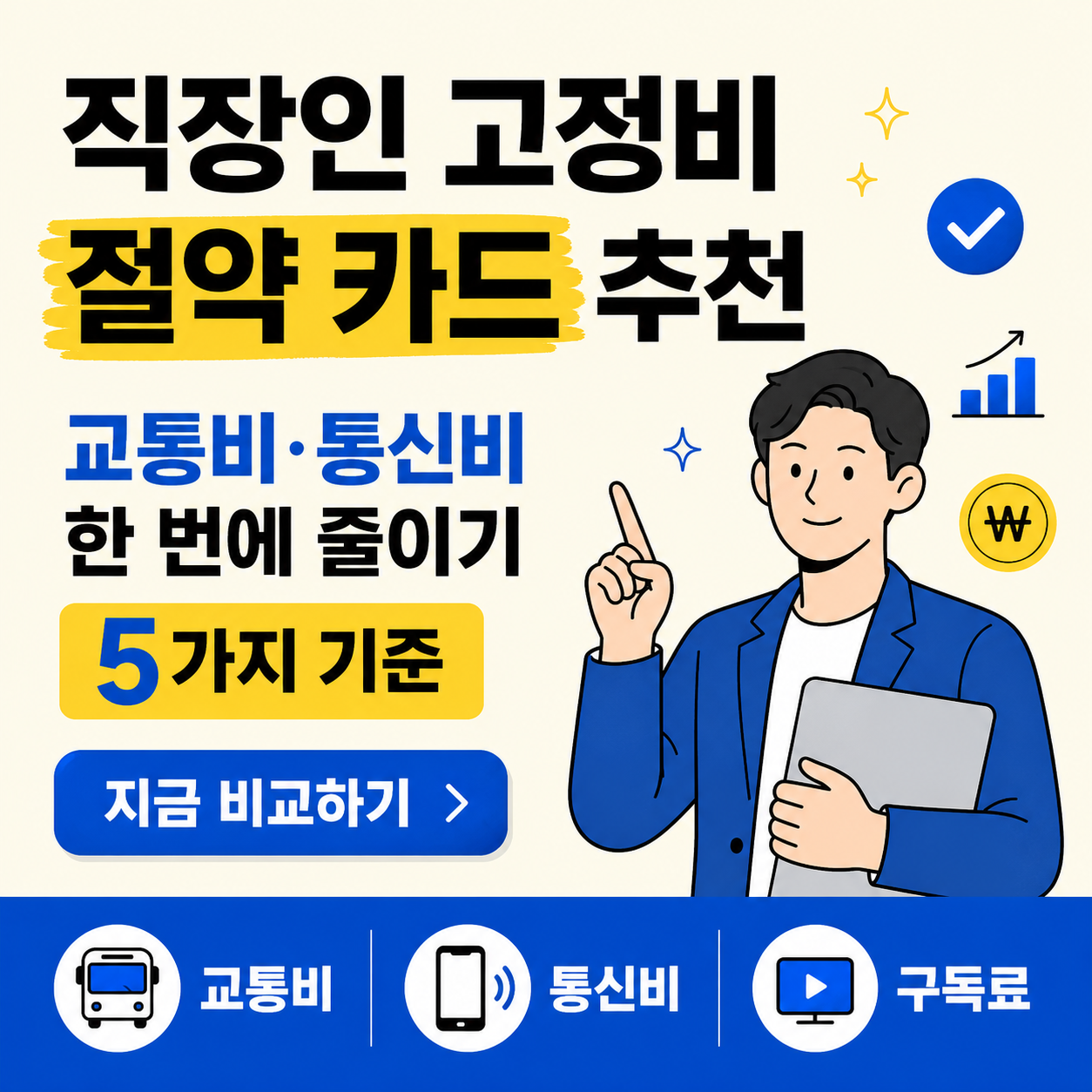 직장인 고정비 절약 카드 추천 글의 썸네일 이미지로, 교통비와 통신비, 구독료를 한 번에 줄이는 5가지 기준을 강조한 금융 정보 카드뉴스 디자인