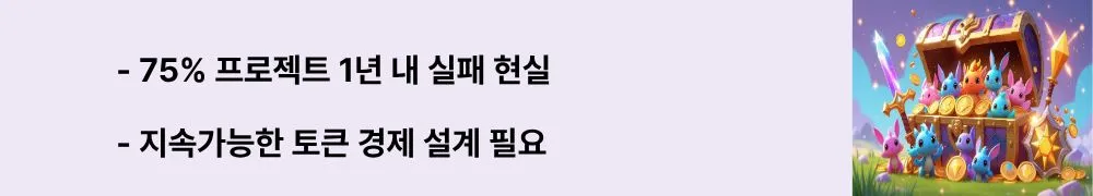 ‘75% 프로젝트 1년 내 실패 현실, 지속가능한 토큰 경제 설계 필요’라는 문구가 포함된 웹배너 이미지. 이 이미지는 GameFi의 현실적 한계와 해결 과제를 시각적으로 전달함 (GameFi challenges, tokenomics sustainability)