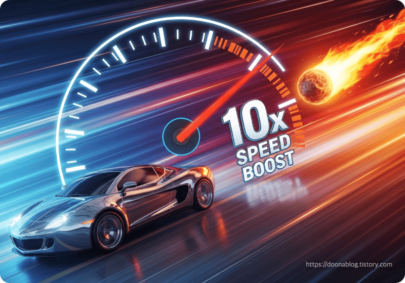 크롬 대비 10배 빠른 리서치 속도를 보여주는 속도계 3D 비주얼