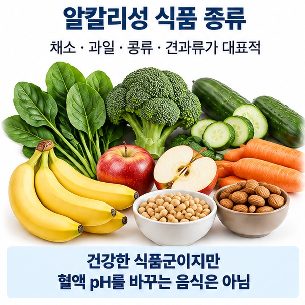 알칼리성 식품 종류라는 제목과 시금치 브로콜리 오이 바나나 사과 콩류 아몬드 등을 함께 배치한 대표 이미지