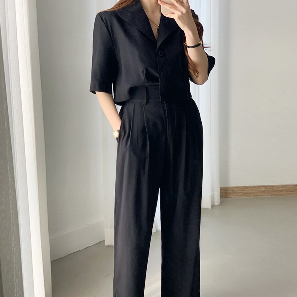 여름 정장 세트 크롭 반팔 자켓 와이드 팬츠 투피스 셋업 세트 여성