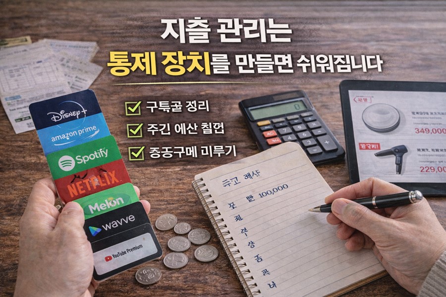 구독료 점검, 주간 예산 설정, 충동구매 보류 규칙으로 생활비를 통제하는 현실적인 지출 관리 방법을 보여주는 이미지입니다.