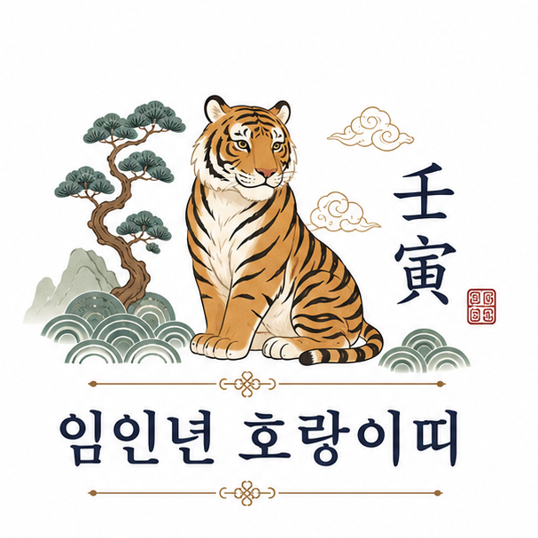 전통적인 호랑이 그림과 임인 한자를 함께 배치한 임인년 호랑이띠 안내