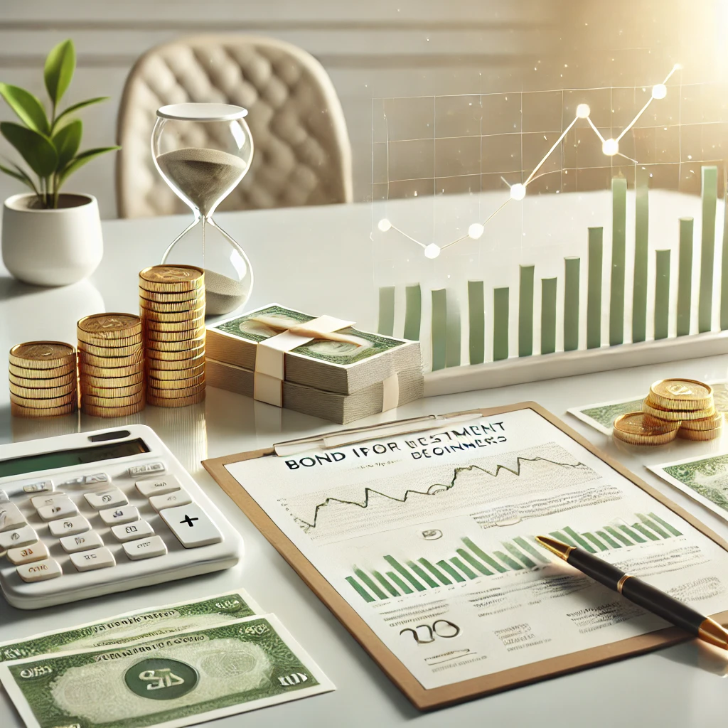 초보자를 위한 채권 투자 개념 이미지, 안정적인 월 수익을 상징하는 그래프와 금화, 채권 서류가 포함된 깔끔한 재테크 분위기