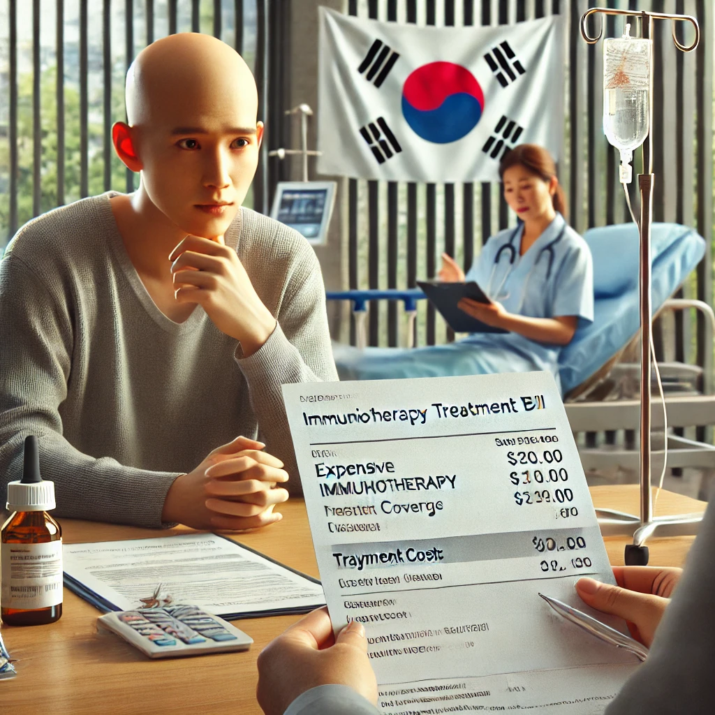 면역항암제 치료비 청구서를 검토하는 환자와 재정 상담사