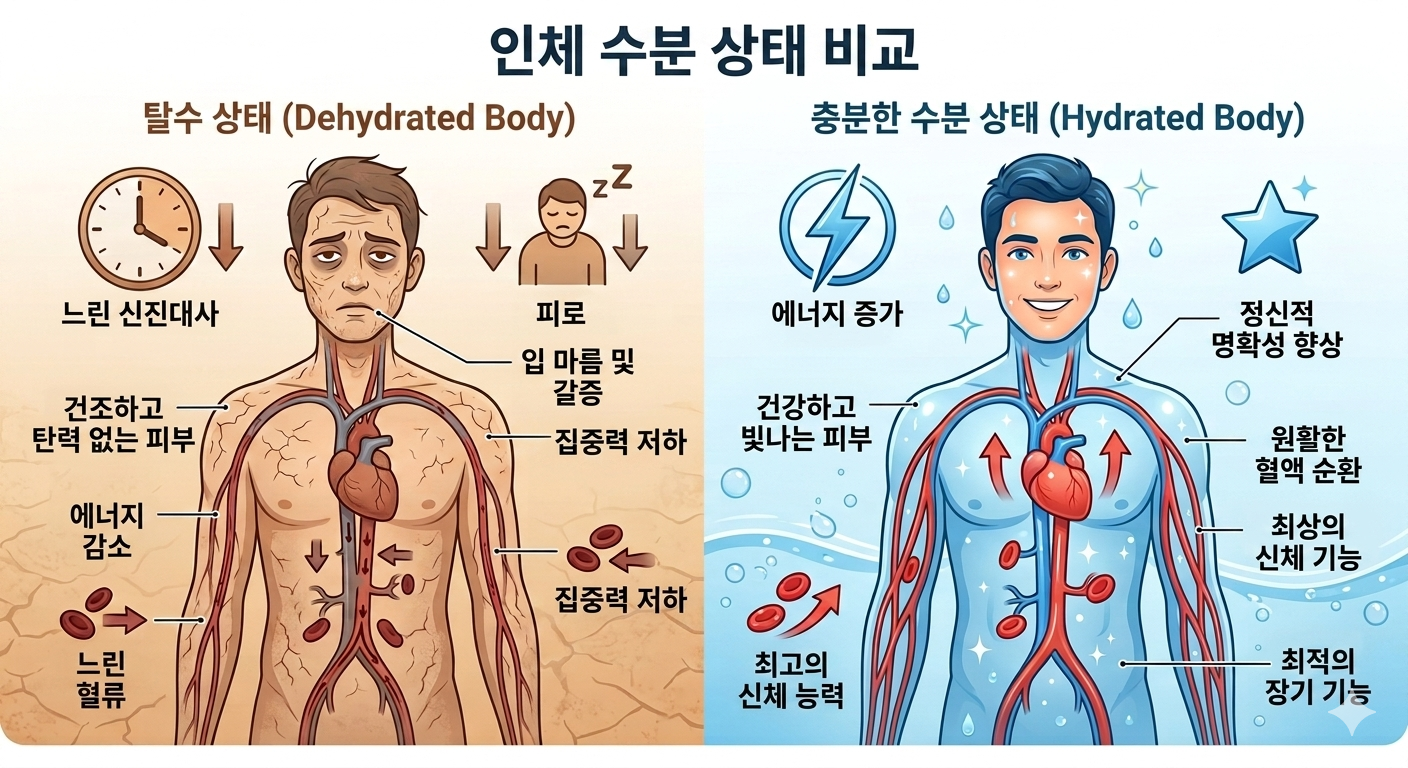 인체 수분 부족 상태 vs 수분 보충 상태 비교 그래프 사진
