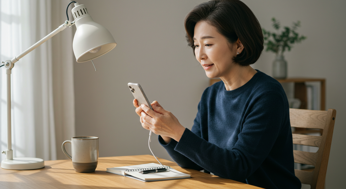 스마트폰에 음성을 입력하는 여성