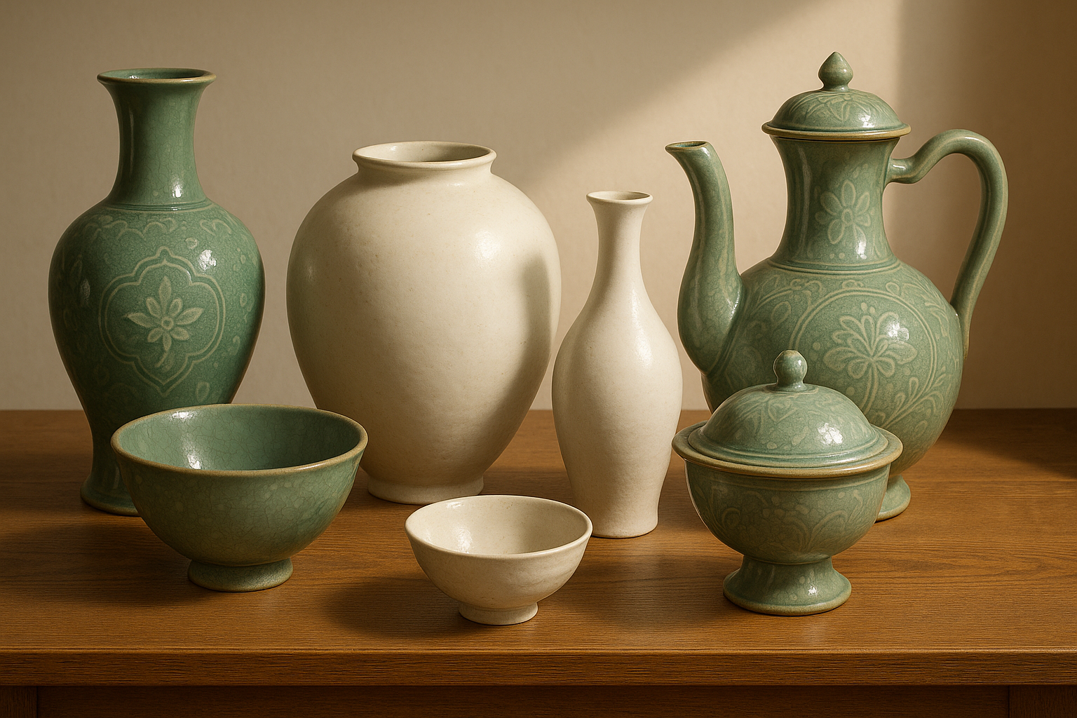 고려 청자와 조선 백자가 나란히 배치된 장면