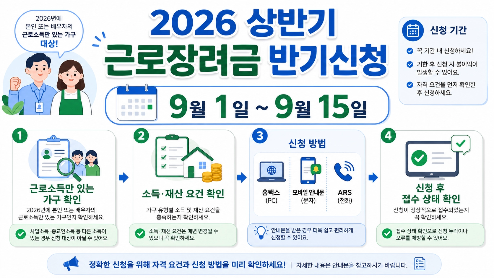 2026 상반기 근로장려금 반기신청 기간과 근로소득 대상, 신청 후 접수 확인 흐름을 정리한 화면