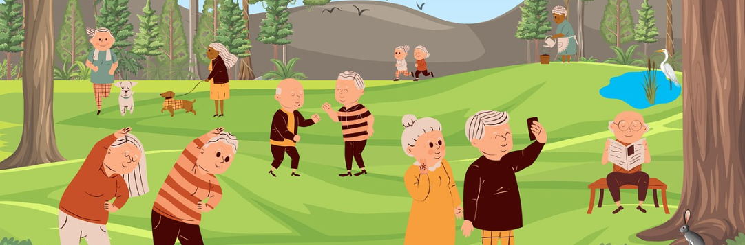 건강한 어른신들이 공원에서 여유를 즐기는 그림