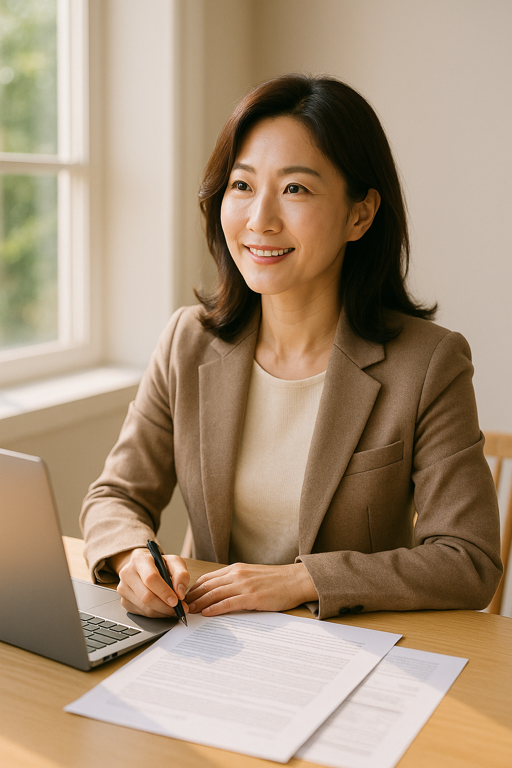 밝은 창가 책상에 앉아 노트북과 서류를 보며 희망찬 표정으로 미래를 계획하는 중년 여성