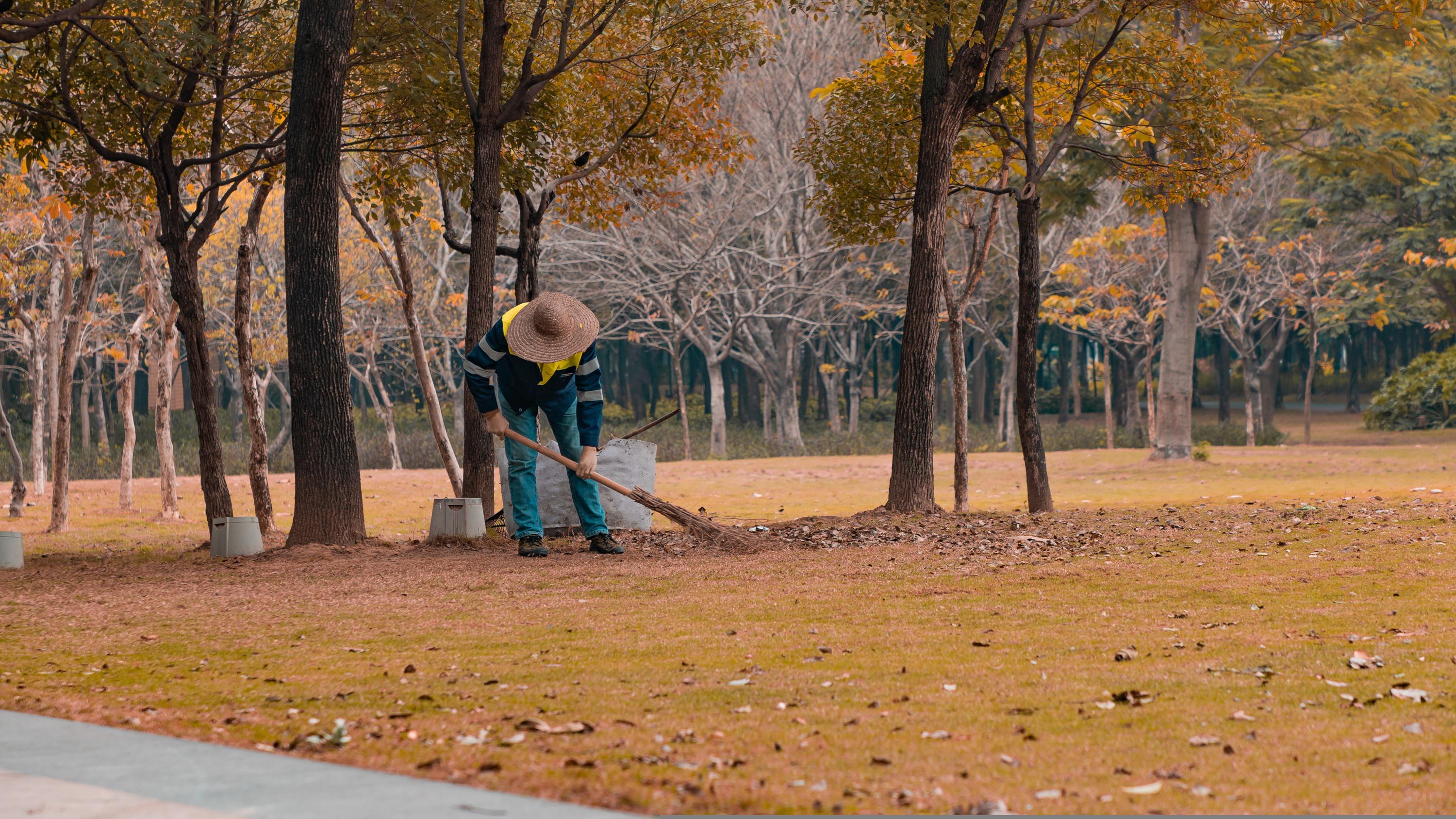 공원 청소하는 근로자 