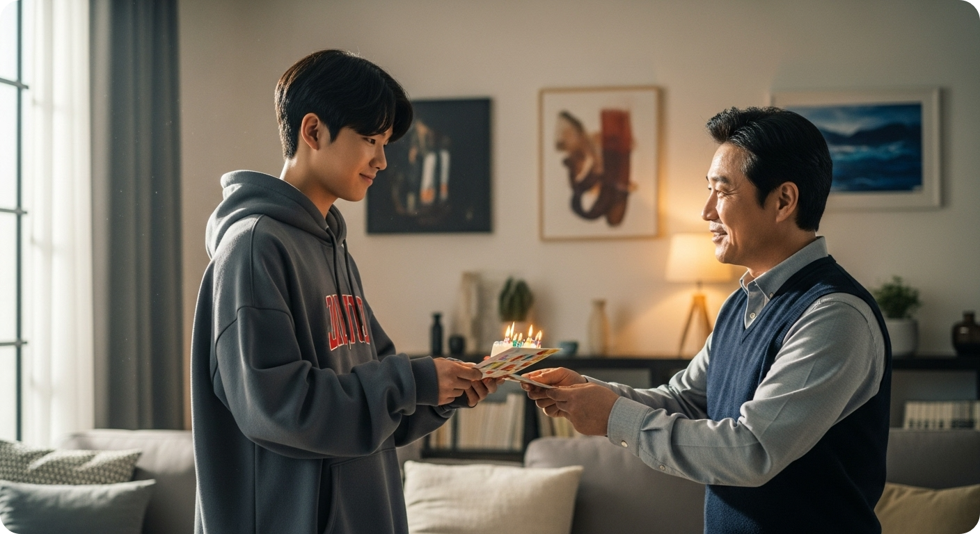 청소년 아들이 아버지로부터 생일 카드를 받고 있는 모습. 아버지는 자랑스러운 미소로 아들을 응원하고 있으며, 서로에 대한 지지가 느껴진다.