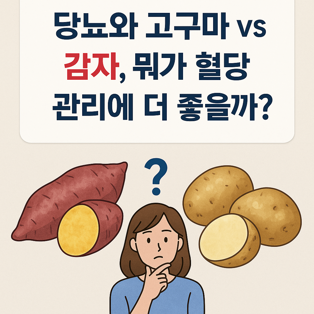 “당뇨와 고구마 vs 감자, 뭐가 혈당 관리에 더 좋을까?”라는 문구 아래, 고구마와 감자를 비교하며 고민하는 여성 캐릭터가 그려진 인포그래픽. 왼쪽에는 붉은색 고구마, 오른쪽에는 노란빛 감자 두세 개가 있고, 중앙에는 물음표와 함께 밝은 톤의 배경으로 구성된 깔끔한 디자인.