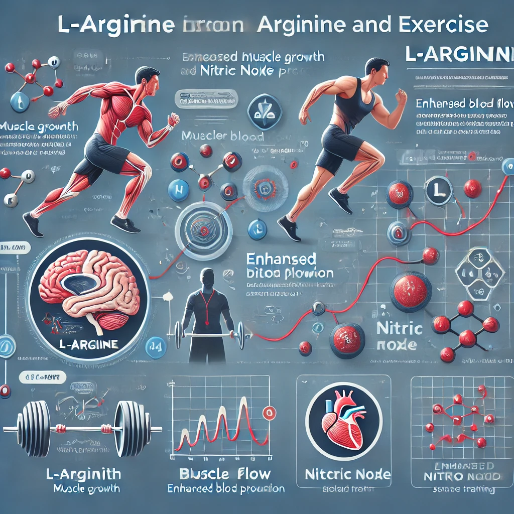 "운동과 L-아르기닌의 관계를 설명하는 교육용 인포그래픽, 근육 성장, 혈류 개선, 산화질소 증가 효과 및 근력 운동하는 운동선수 포함"