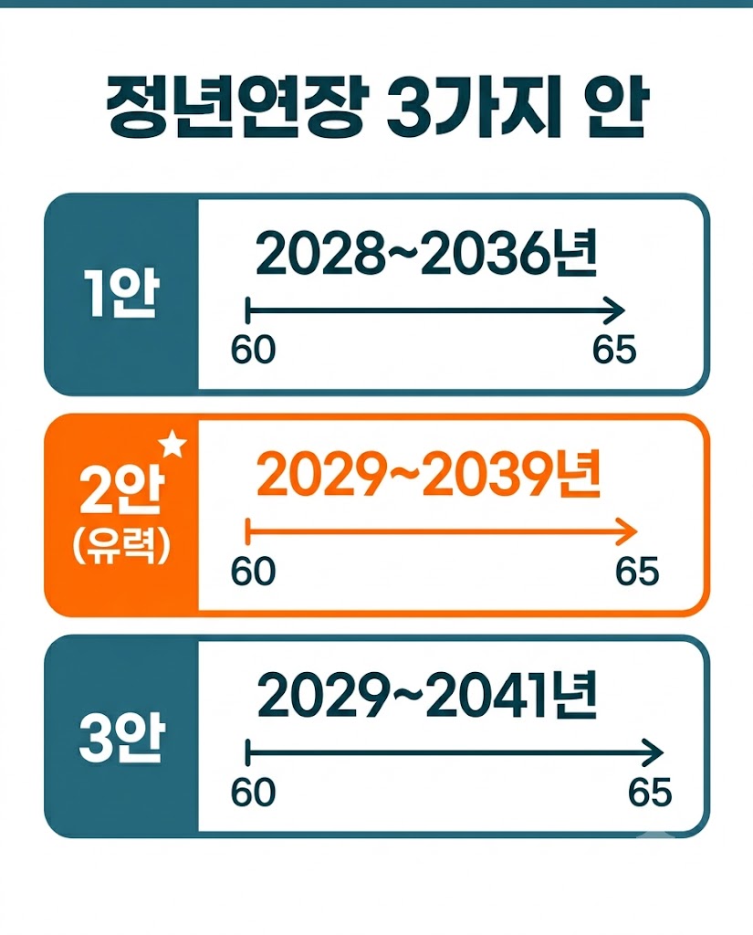 정년연장 1안 2안 3안 비교 시행시기 단계적 연장 인포그래픽