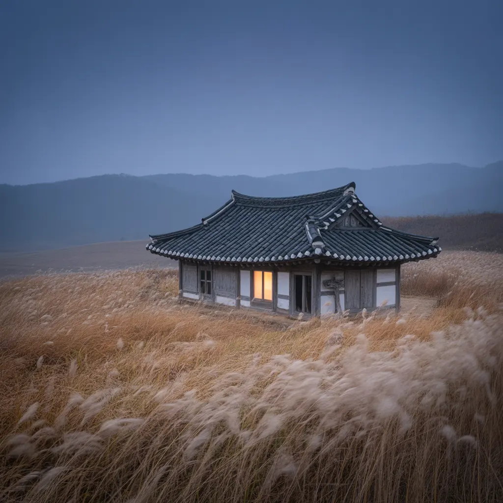 추분. 갈대 사이로 기와집 한 채가 있는 장면