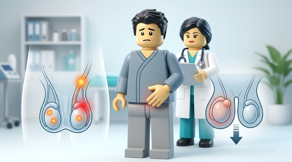 레고 남성 환자가 사타구니 불편감을 표현하는 모습과 고환, 부고환, 정삭 해부학적 구조 및 부종&middot;멍울 증상 시각화 도식
