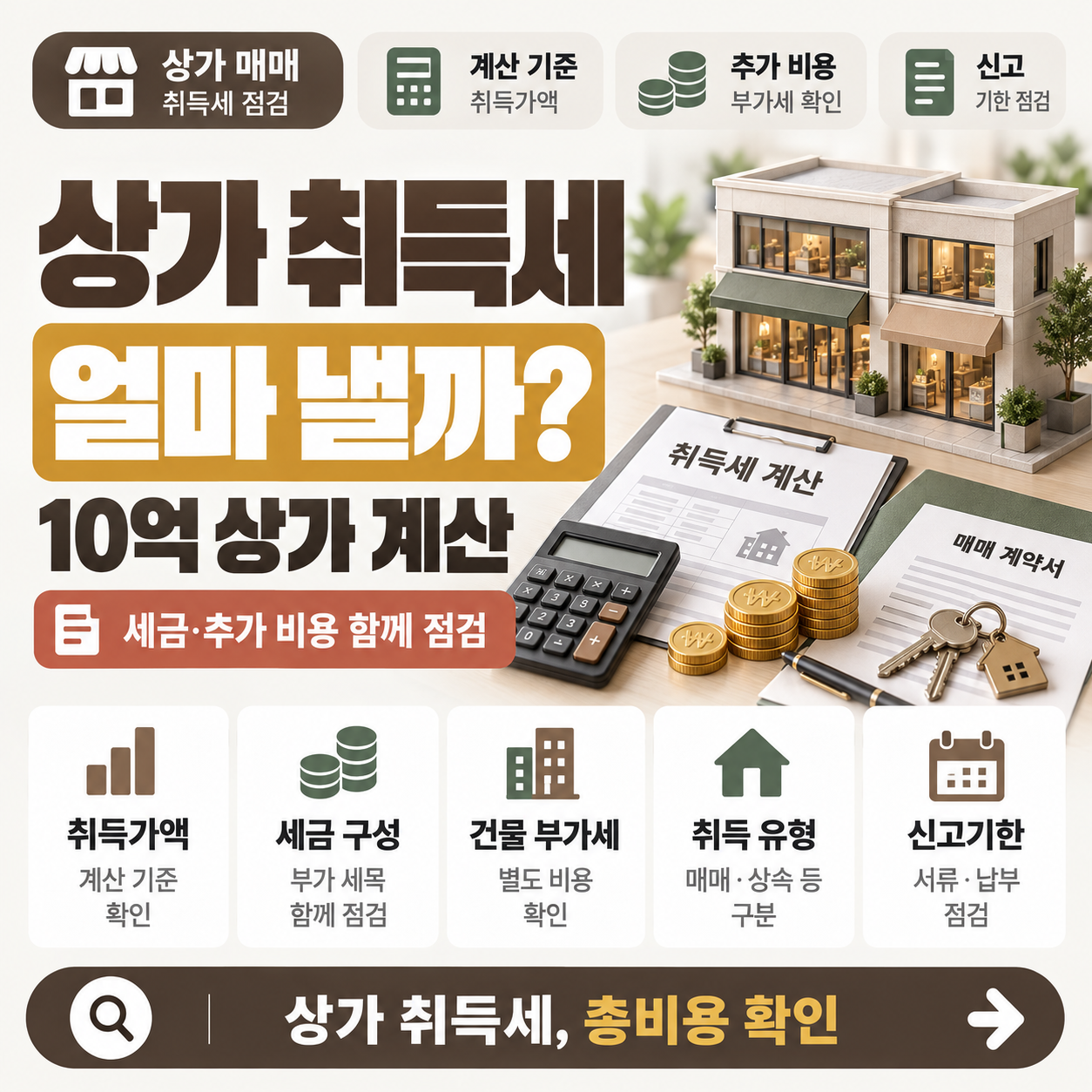 상가 건물 앞에서 취득세 계산서와 계산기를 놓고 세액을 따져 보는 모습